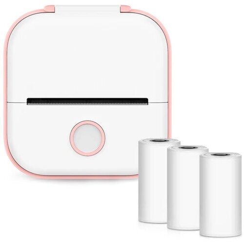 Мини принтер Phomemo розовый + 3 рулона белой самоклеящейся бумаги / Карманный принтер для смартфона / Блютуз принтер для телефона / Мини-принтер